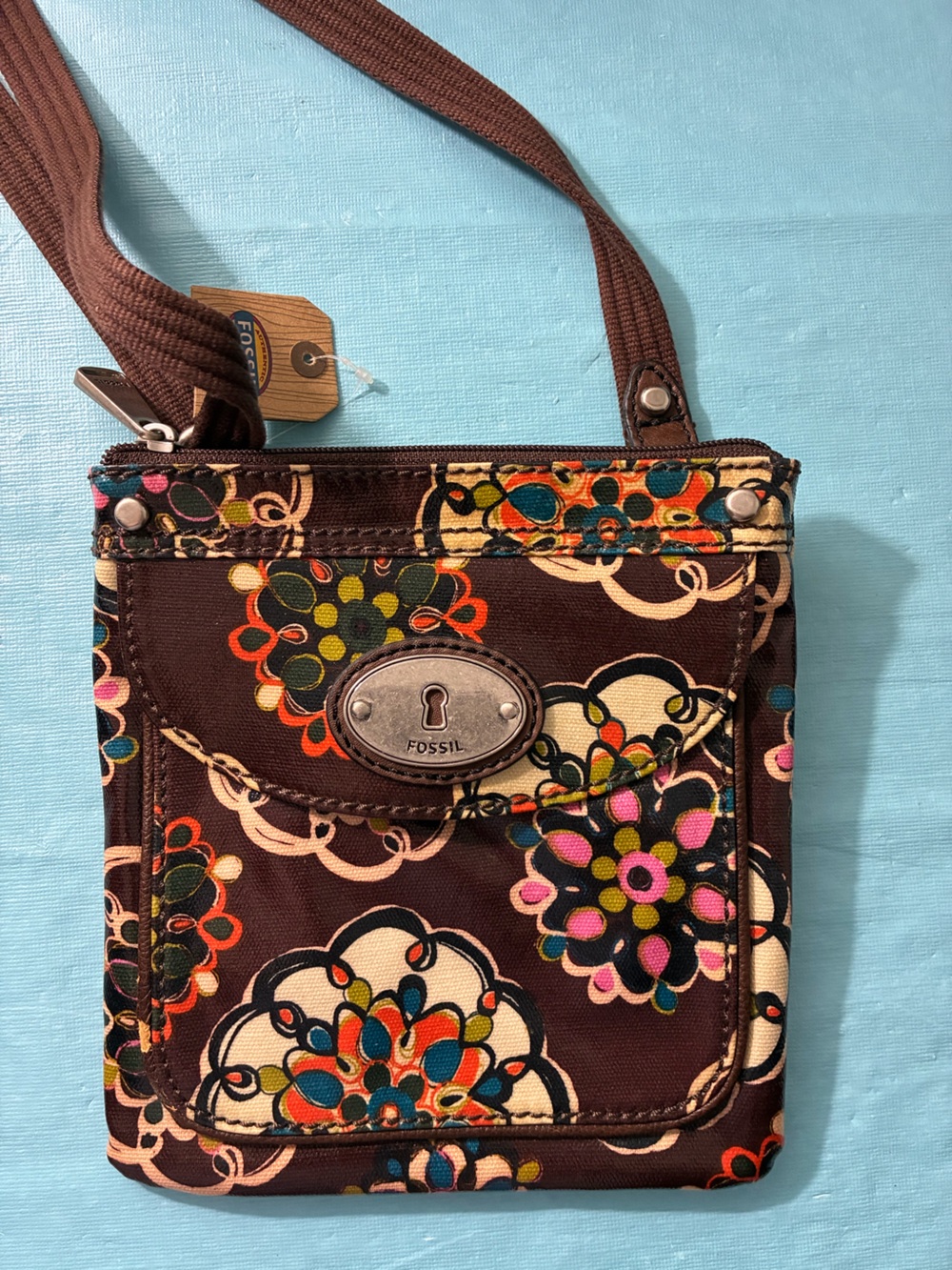 Fossil Keyper Mini-Doodle Brown Floral Pattern Crossbody Bag NWT